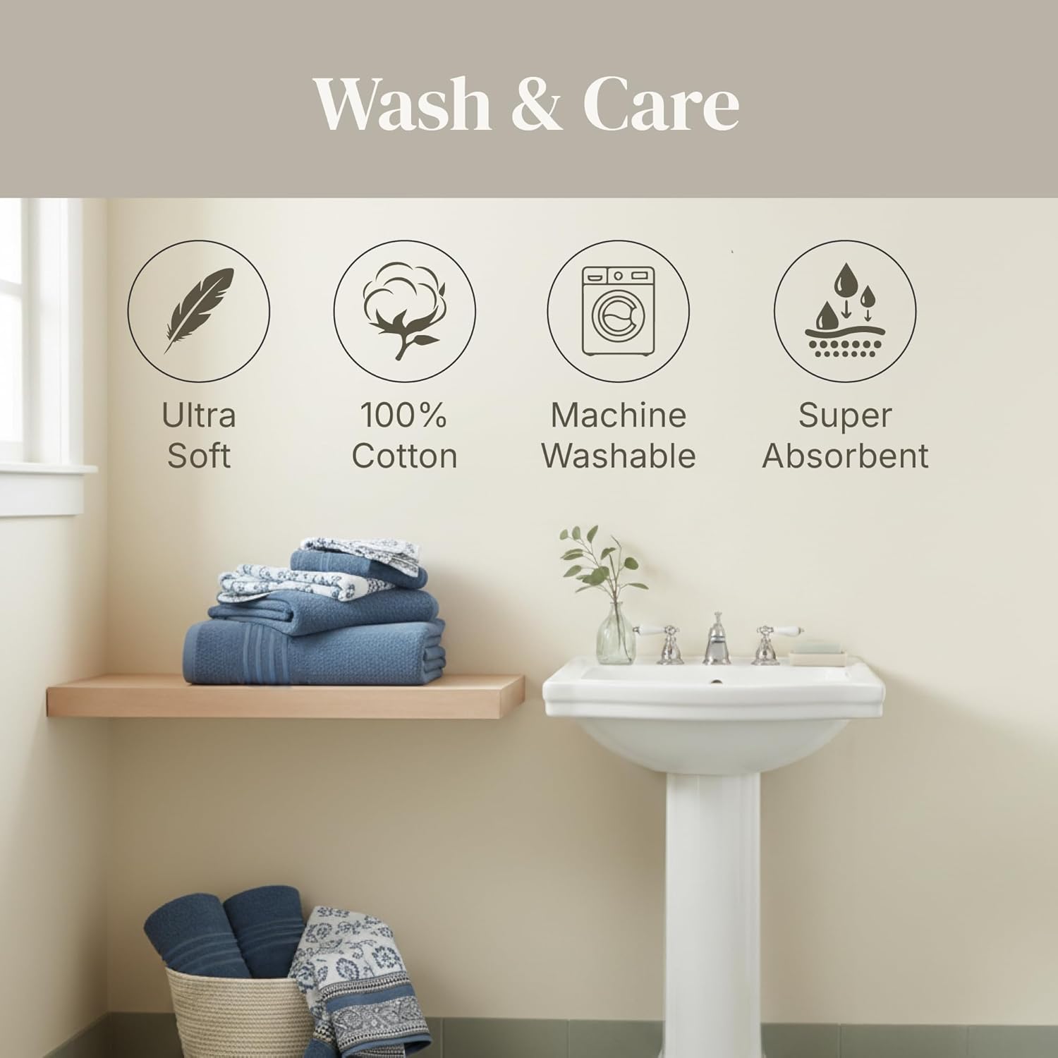 Modern Threads Ophelia 6-Piece 100% Cotton Towel Set – Reversible Yarn Dyed Jacquard & Solid – Includes 2 Bath Towels, 2 Hand Towels, 2 Washcloths – Absorbent, Quick Dry, Soft & Durable – Blue