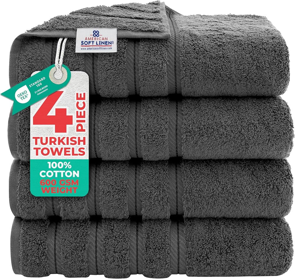 American Soft Linen Luxury 4 Piece Bath Towel Set, 600 GSM 100% Cotton Turkish Bath Towels for Bathroom, 27×54 in Large Bathroom Shower Towels, Dark Gray
