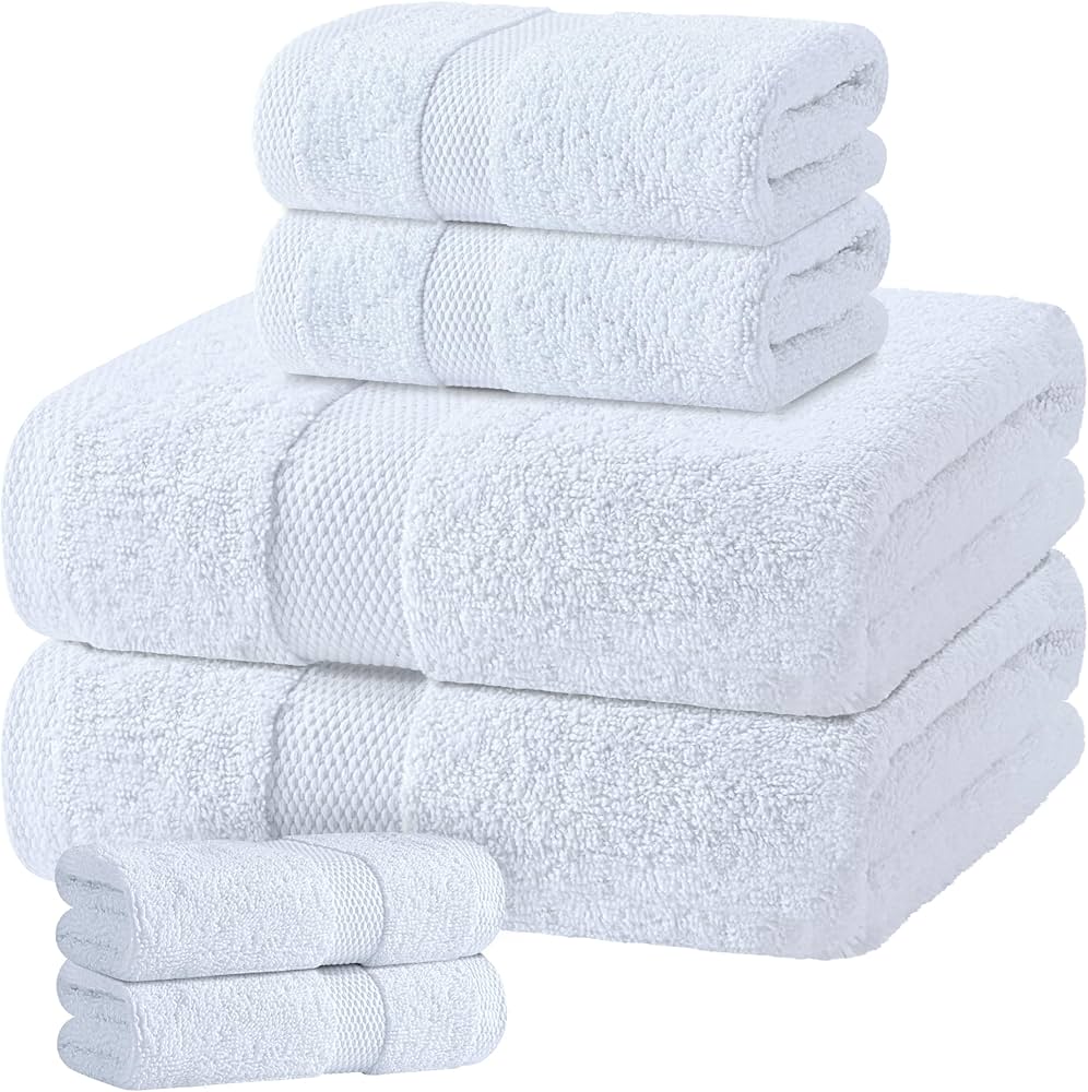 White Bath Towel Set of 6 – 100% Cotton Highly Absorbent Towels for Bathroom, 2 Luxury Bath Towels 650GSM, 2 Hand Towels, 2 Washcloths