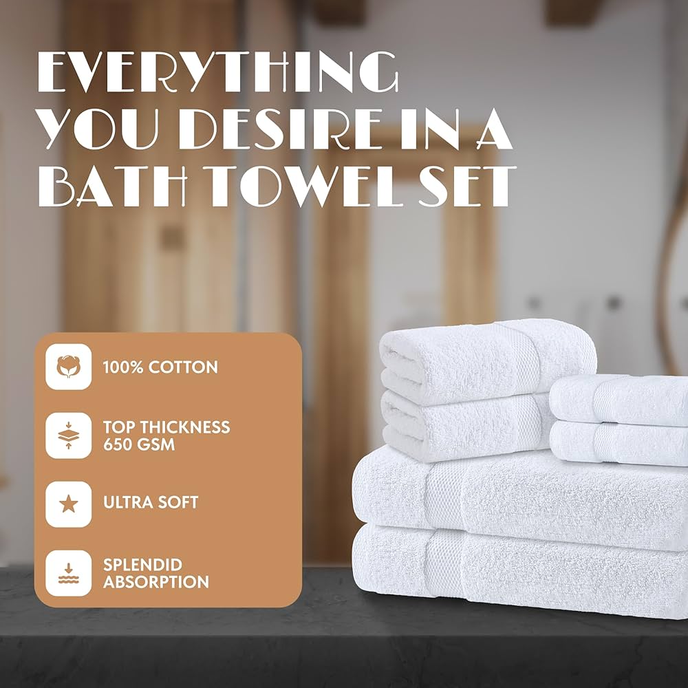 White Bath Towel Set of 6 – 100% Cotton Highly Absorbent Towels for Bathroom, 2 Luxury Bath Towels 650GSM, 2 Hand Towels, 2 Washcloths