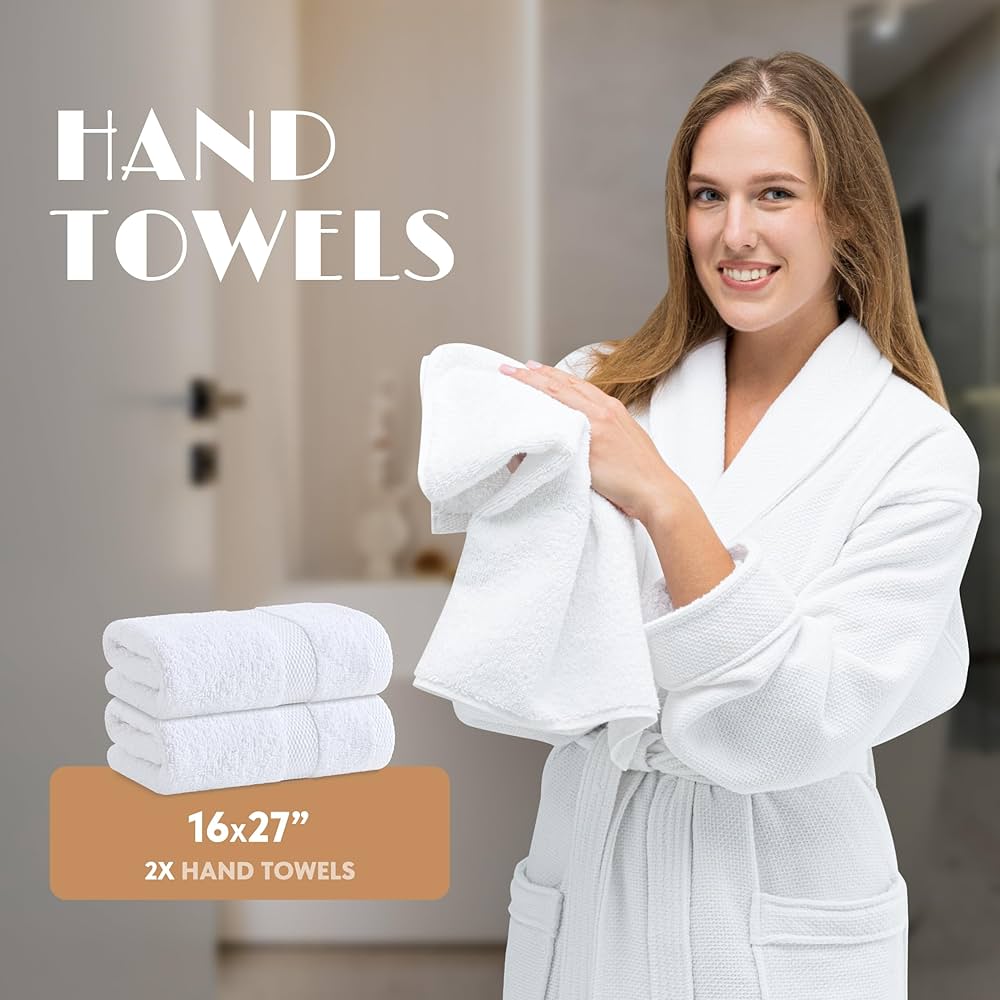 White Bath Towel Set of 6 – 100% Cotton Highly Absorbent Towels for Bathroom, 2 Luxury Bath Towels 650GSM, 2 Hand Towels, 2 Washcloths
