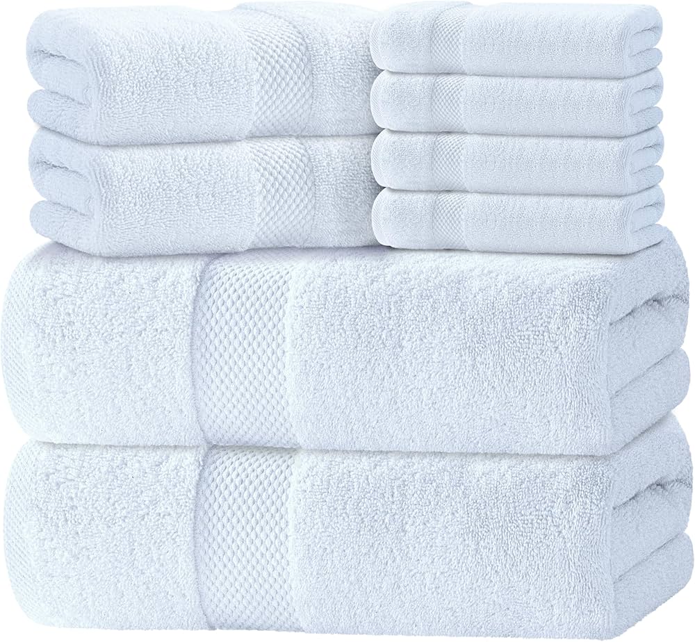 Luxury White Bath Towel Set of 8 Pieces – 100% Turkish Cotton 700 GSM Highly Absorbent Towels for Bathroom, 2 Bath Towels, 2 Hand Towels, 4 Washcloths