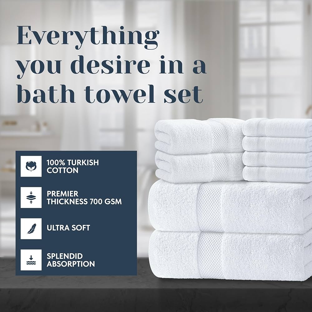 Luxury White Bath Towel Set of 8 Pieces – 100% Turkish Cotton 700 GSM Highly Absorbent Towels for Bathroom, 2 Bath Towels, 2 Hand Towels, 4 Washcloths