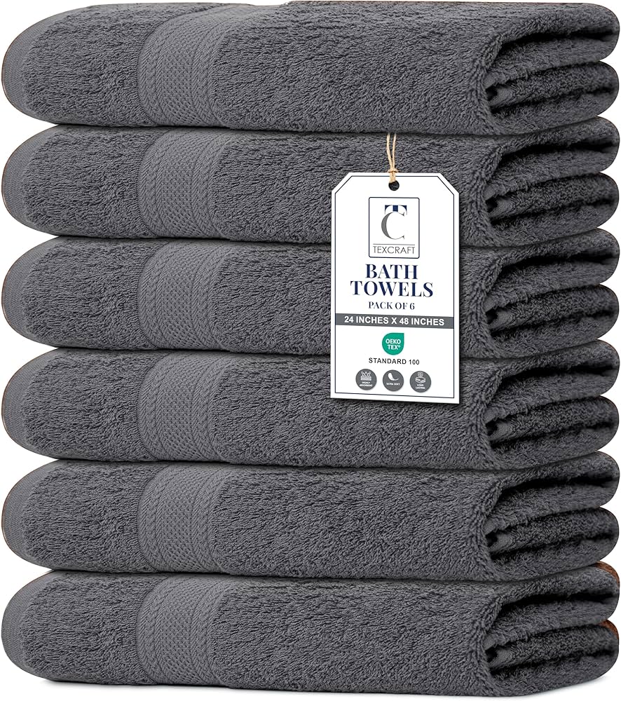 Medium Size Bath Towels Set of 6 – 100% Cotton Terry – 24″ x 48″ – Quick Dry, Soft & Highly Absorbent – Grey Towels for Bathroom, Gym, Spa, Pool & Daily Use