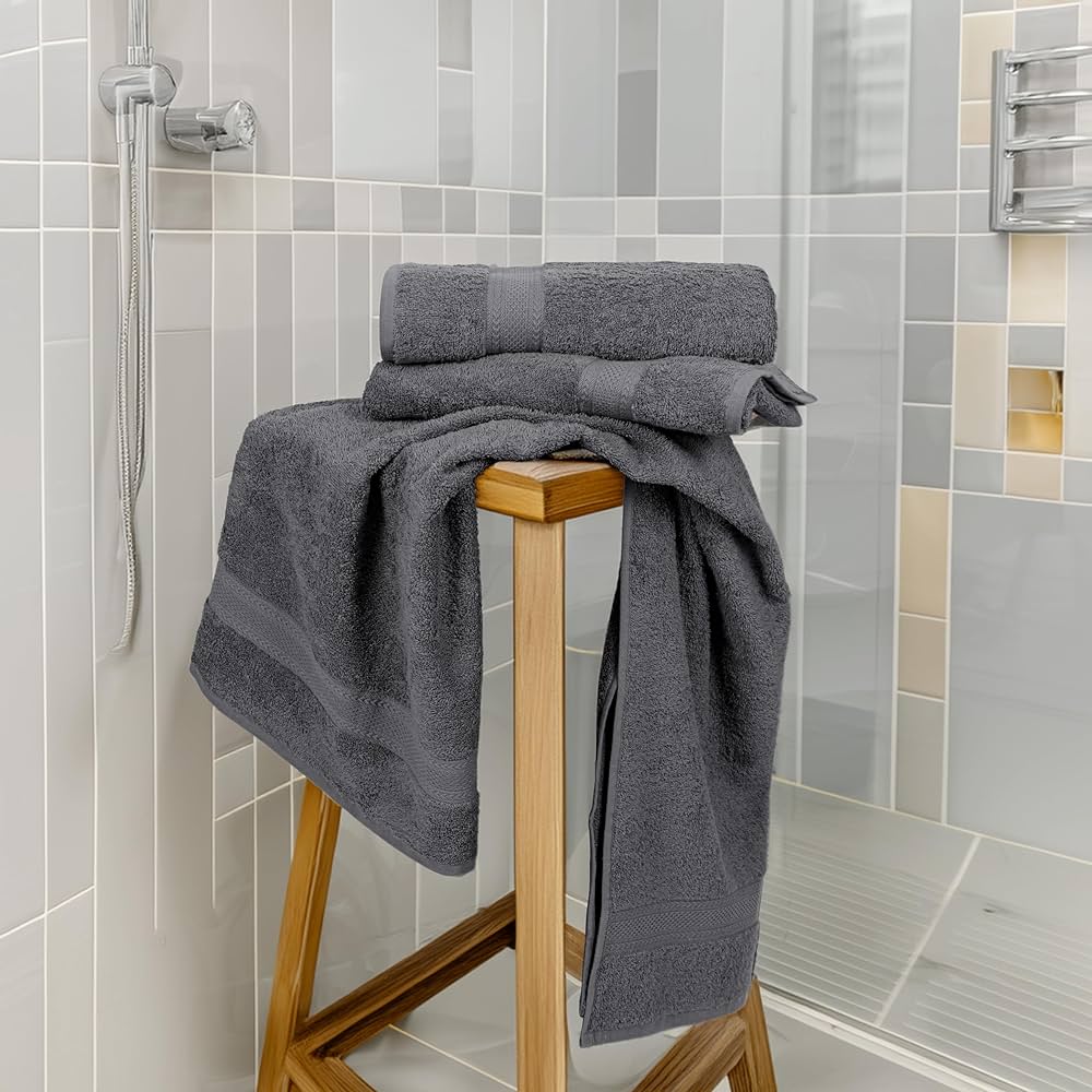 Medium Size Bath Towels Set of 6 – 100% Cotton Terry – 24″ x 48″ – Quick Dry, Soft & Highly Absorbent – Grey Towels for Bathroom, Gym, Spa, Pool & Daily Use