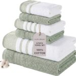 Modern Threads 6-Piece Towel Set – 100% Cotton, Quick Dry, Ultra Absorbent – Includes 2 Bath, 2 Hand, 2 Washcloths (White/Reinhart Sage)