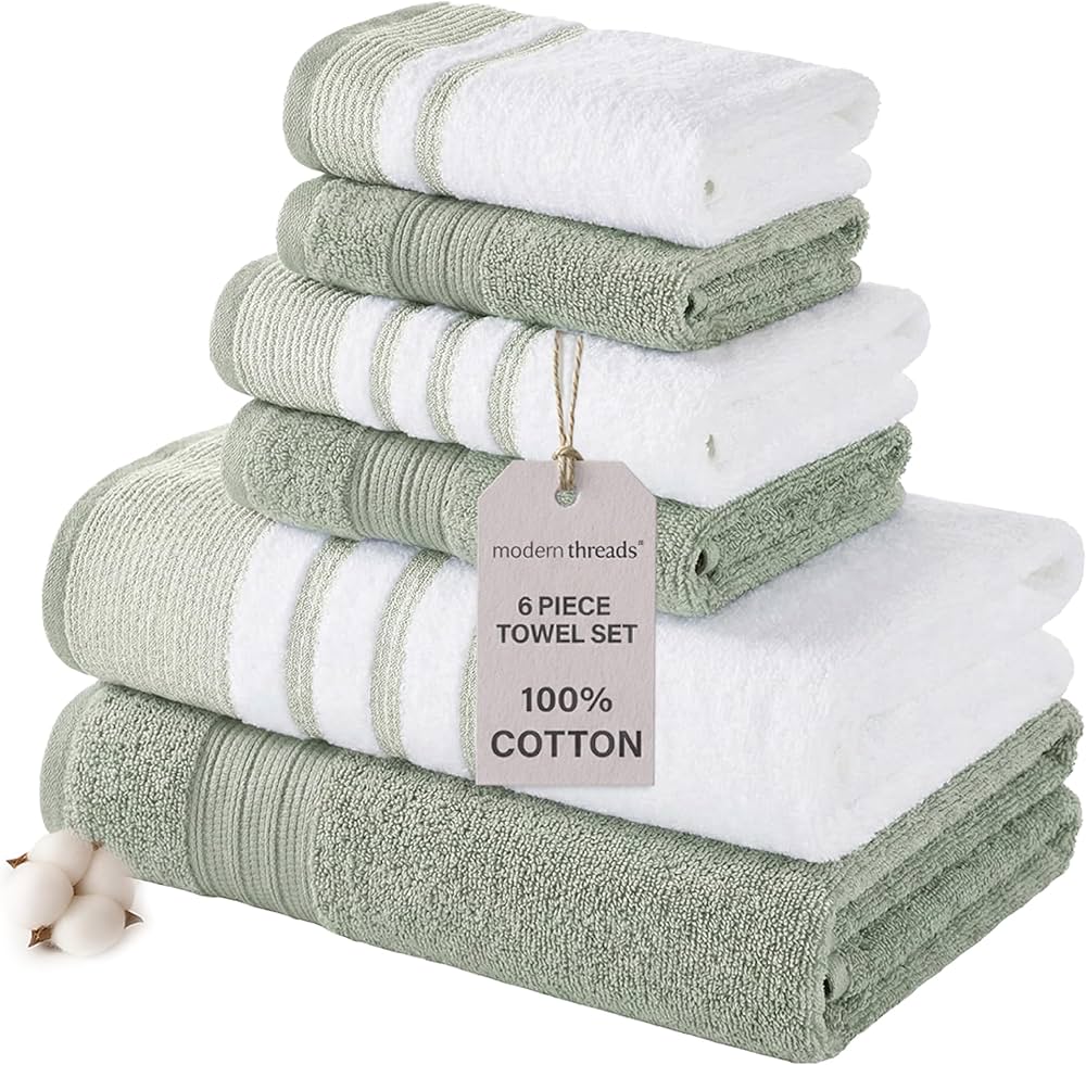 Modern Threads 6-Piece Towel Set – 100% Cotton, Quick Dry, Ultra Absorbent – Includes 2 Bath, 2 Hand, 2 Washcloths (White/Reinhart Sage)