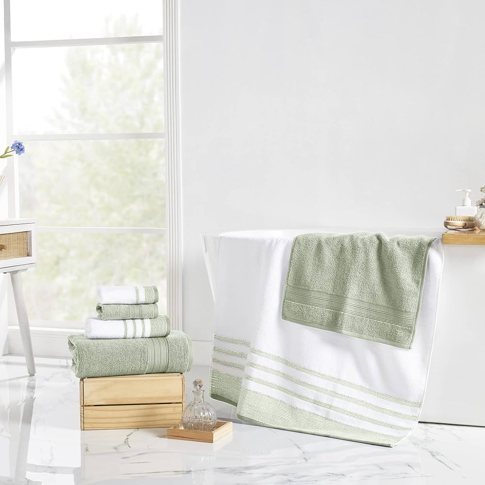 Modern Threads 6-Piece Towel Set – 100% Cotton, Quick Dry, Ultra Absorbent – Includes 2 Bath, 2 Hand, 2 Washcloths (White/Reinhart Sage)
