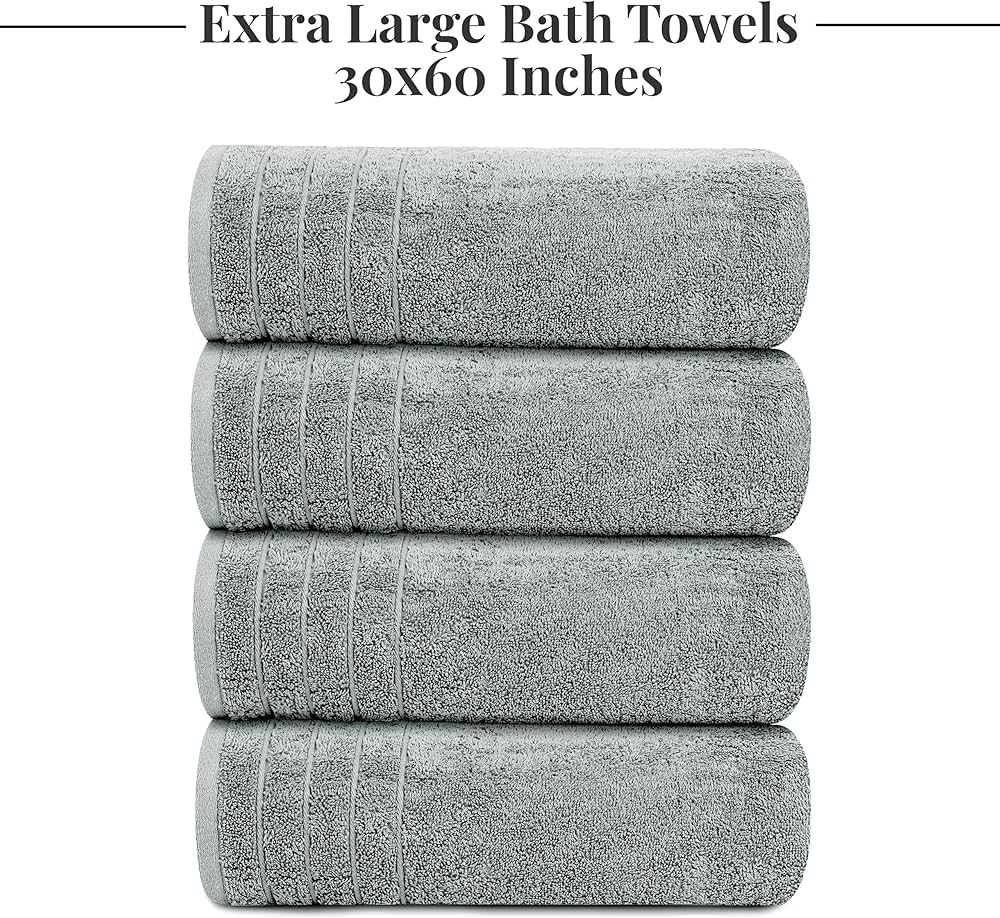 Tens Towels Pack of 4 Extra Large Bath Towels 30 x 60 Inches, 100% Cotton, Larger & Lighter Weight, Quicker to Dry, Super Soft and Absorbent, Perfect for Bathroom, Cool Grey