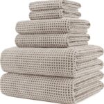 POLYTE 430 GSM Microfiber Quick Dry Lint Free Oversize Bath Towel Set, 6 Piece (Waffle Weave)