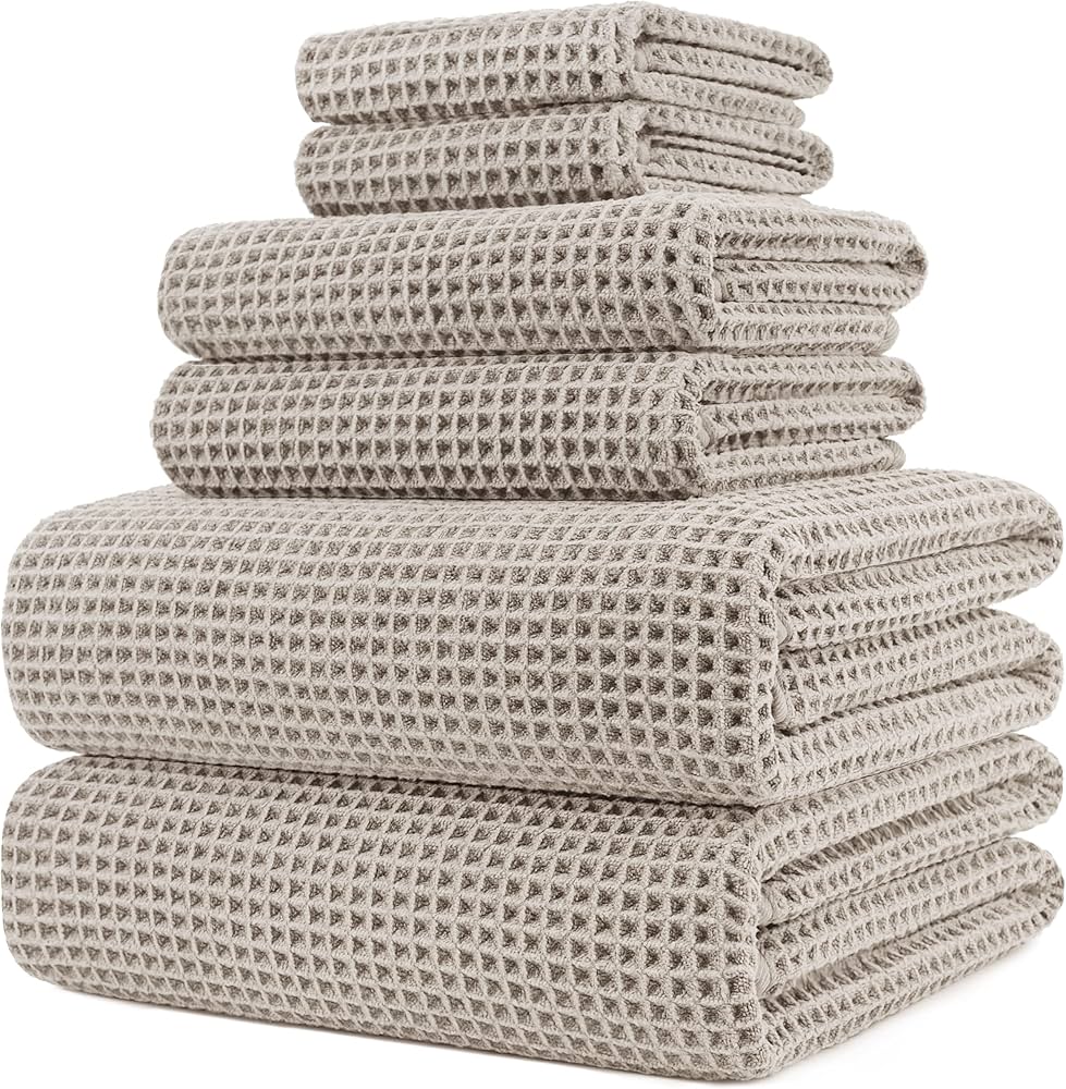 POLYTE 430 GSM Microfiber Quick Dry Lint Free Oversize Bath Towel Set, 6 Piece (Waffle Weave)
