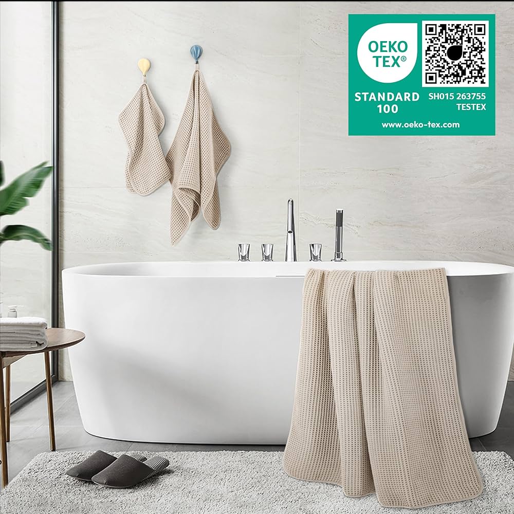 POLYTE 430 GSM Microfiber Quick Dry Lint Free Oversize Bath Towel Set, 6 Piece (Waffle Weave)