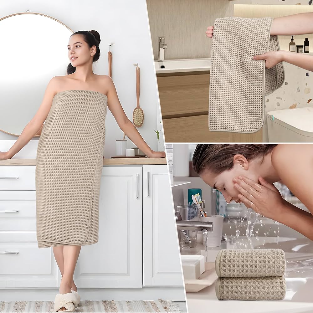 POLYTE 430 GSM Microfiber Quick Dry Lint Free Oversize Bath Towel Set, 6 Piece (Waffle Weave)