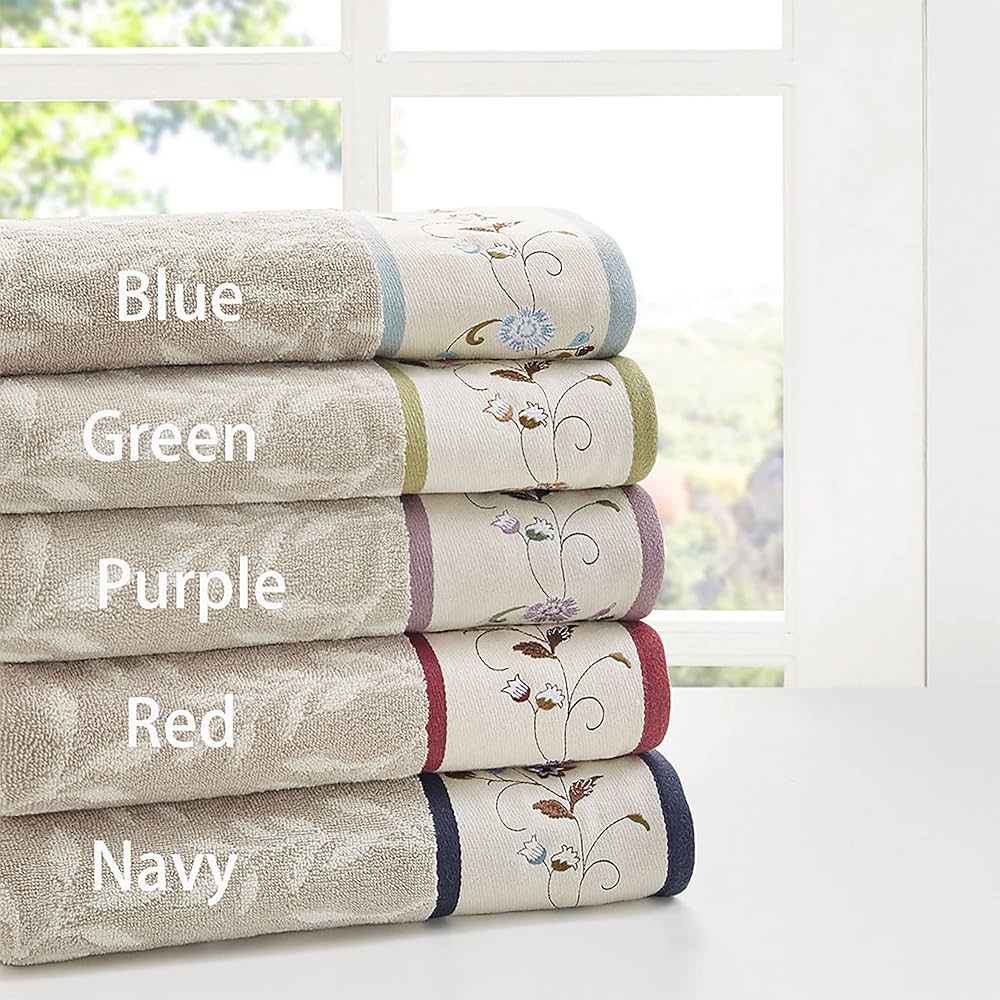 Madison Park Serene 100% Cotton Bath Towel Set Luxurious Floral Decorative Towels for Bathroom Embroidered Cotton Jacquard Design Soft Highly Absorbent for Shower 600 GSM, Multi-Sizes, Blue 6 Piece