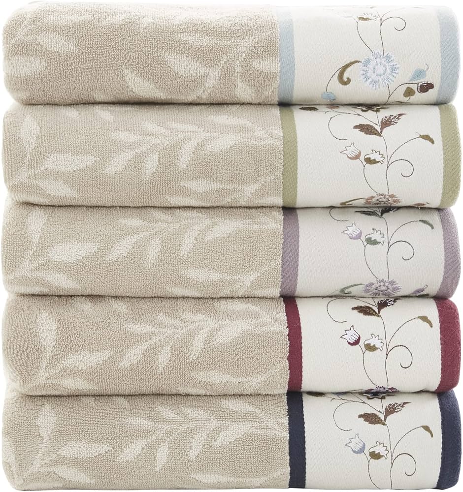 Madison Park Serene 100% Cotton Bath Towel Set Luxurious Floral Decorative Towels for Bathroom Embroidered Cotton Jacquard Design Soft Highly Absorbent for Shower 600 GSM, Multi-Sizes, Blue 6 Piece