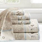Madison Park Serene 100% Cotton Bath Towel Set Luxurious Floral Decorative Towels for Bathroom Embroidered Cotton Jacquard Design Soft Highly Absorbent for Shower 600 GSM, Multi-Sizes, Blue 6 Piece
