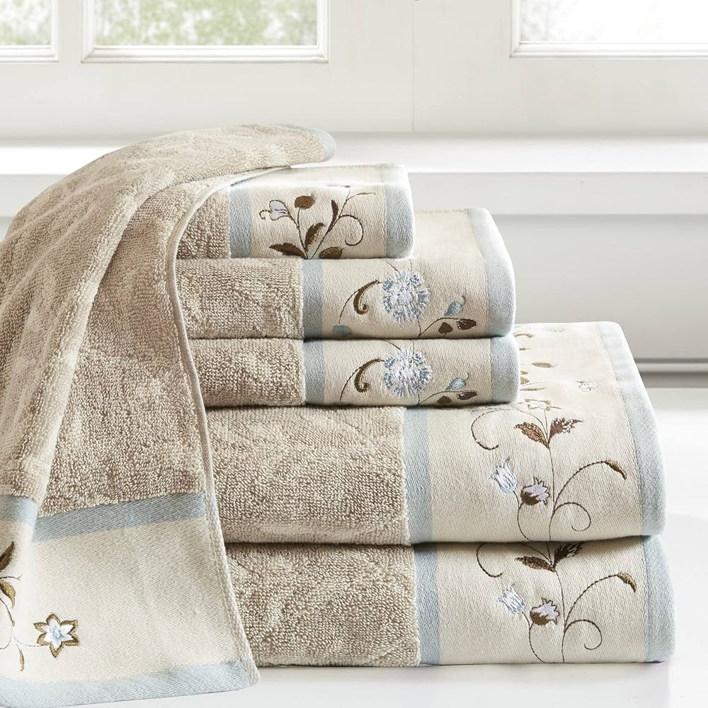 Madison Park Serene 100% Cotton Bath Towel Set Luxurious Floral Decorative Towels for Bathroom Embroidered Cotton Jacquard Design Soft Highly Absorbent for Shower 600 GSM, Multi-Sizes, Blue 6 Piece