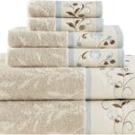Madison Park Serene 100% Cotton Bath Towel Set Luxurious Floral Decorative Towels for Bathroom Embroidered Cotton Jacquard Design Soft Highly Absorbent for Shower 600 GSM, Multi-Sizes, Blue 6 Piece