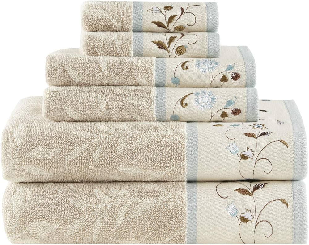 Madison Park Serene 100% Cotton Bath Towel Set Luxurious Floral Decorative Towels for Bathroom Embroidered Cotton Jacquard Design Soft Highly Absorbent for Shower 600 GSM, Multi-Sizes, Blue 6 Piece