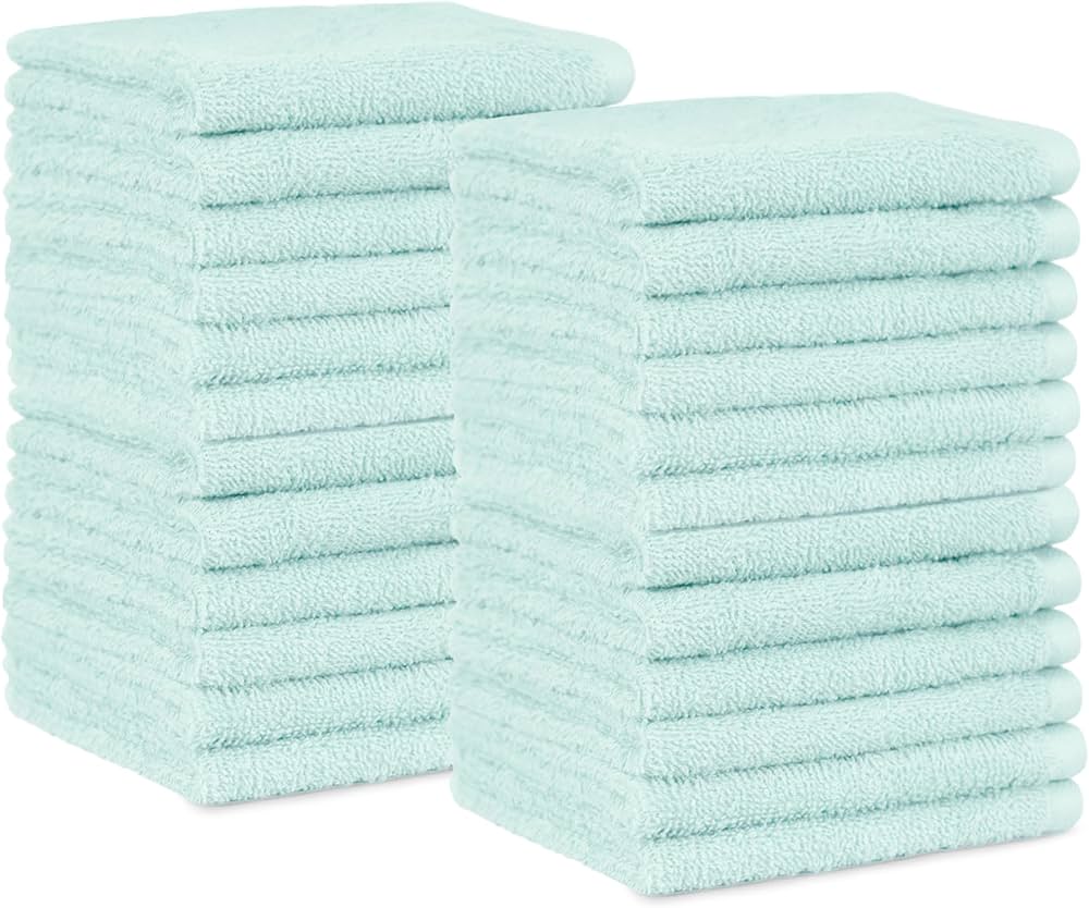 Amazon Basics face Towels for bathroom, 100% Cotton Extra Absorbent washcloth, Fast Drying – salon towel – 24 Pack Ice Blue (12 x 12 inches)
