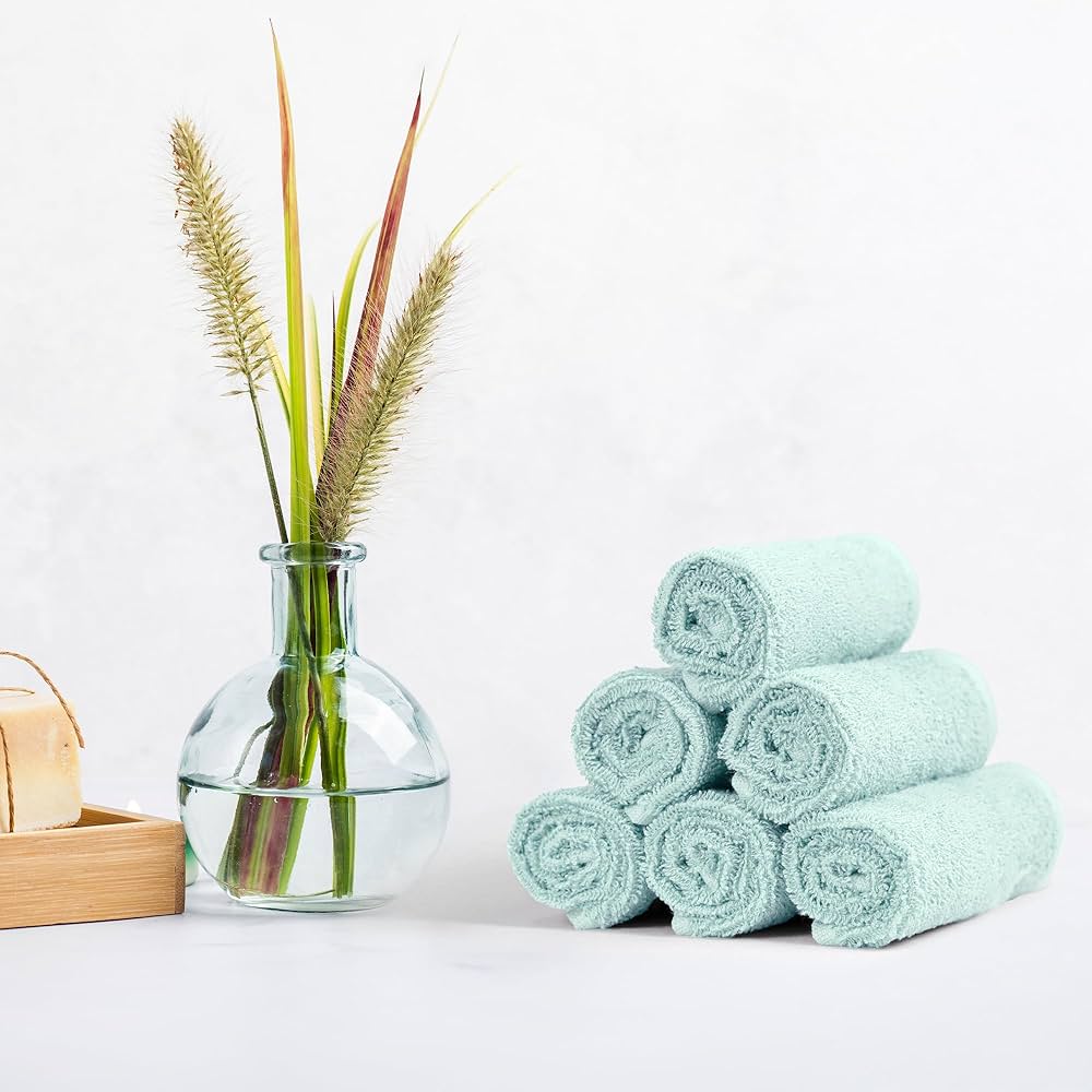 Amazon Basics face Towels for bathroom, 100% Cotton Extra Absorbent washcloth, Fast Drying – salon towel – 24 Pack Ice Blue (12 x 12 inches)