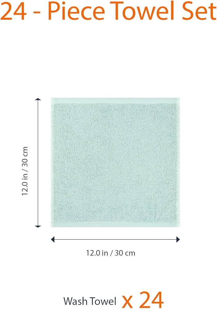 Amazon Basics face Towels for bathroom, 100% Cotton Extra Absorbent washcloth, Fast Drying – salon towel – 24 Pack Ice Blue (12 x 12 inches)