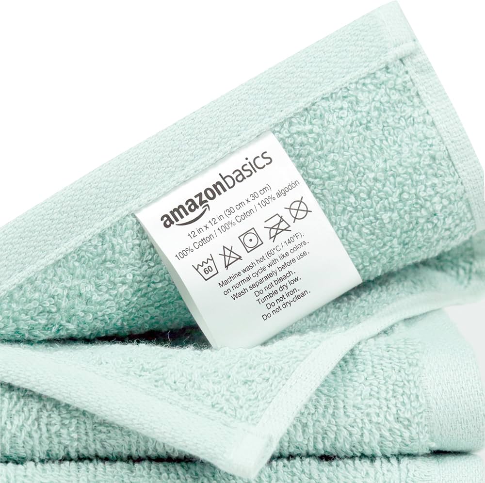 Amazon Basics face Towels for bathroom, 100% Cotton Extra Absorbent washcloth, Fast Drying – salon towel – 24 Pack Ice Blue (12 x 12 inches)