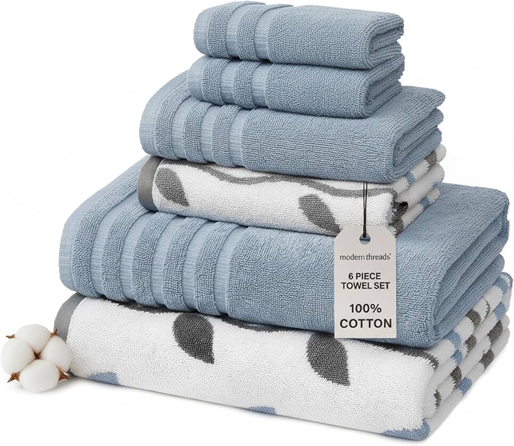 Modern Threads Organic Vines 6-Piece 100% Cotton Towel Set – Yarn Dyed Jacquard & Solid – Includes 2 Bath Towels, 2 Hand Towels, 2 Washcloths – Absorbent, Quick Dry, Soft & Durable – Blue