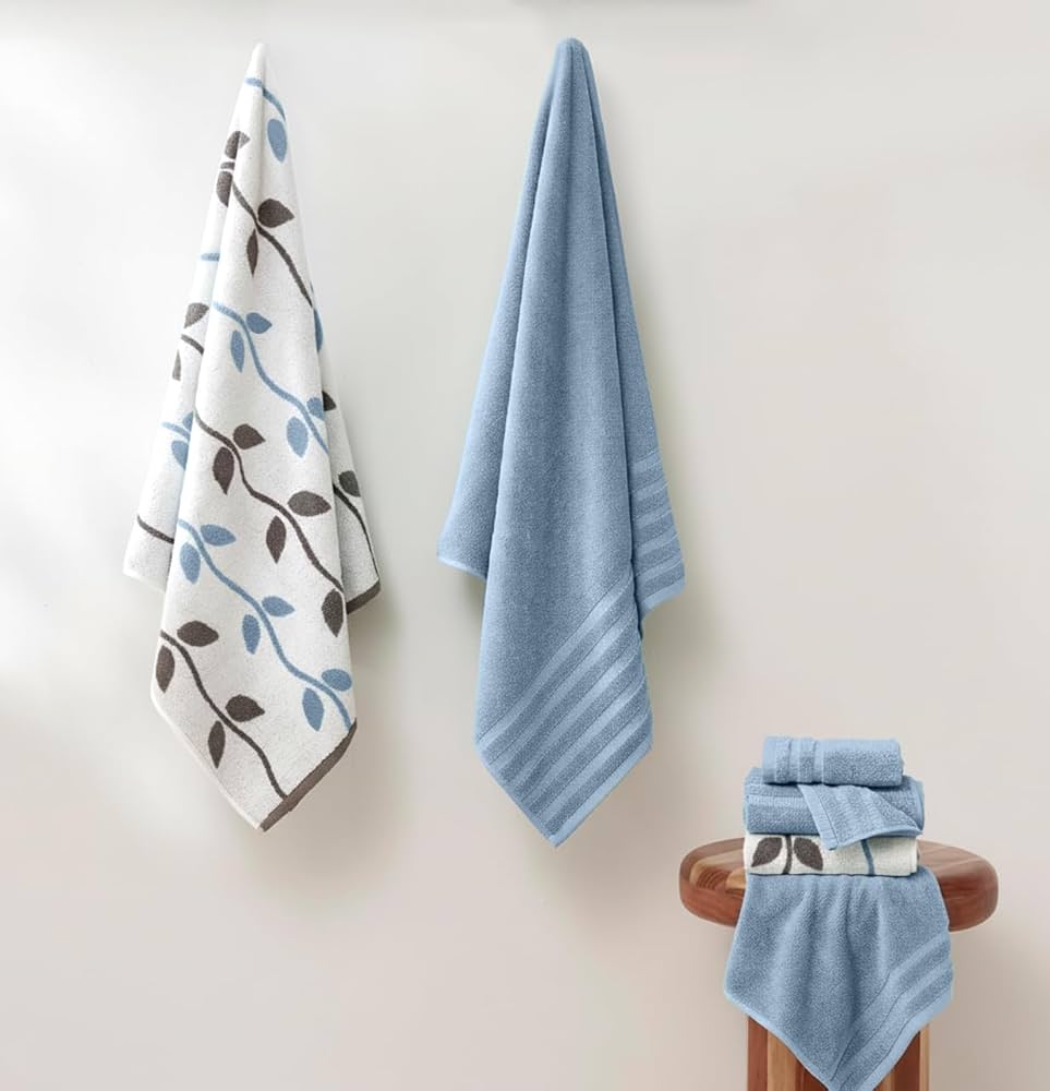 Modern Threads Organic Vines 6-Piece 100% Cotton Towel Set – Yarn Dyed Jacquard & Solid – Includes 2 Bath Towels, 2 Hand Towels, 2 Washcloths – Absorbent, Quick Dry, Soft & Durable – Blue