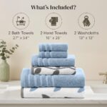 Modern Threads Organic Vines 6-Piece 100% Cotton Towel Set – Yarn Dyed Jacquard & Solid – Includes 2 Bath Towels, 2 Hand Towels, 2 Washcloths – Absorbent, Quick Dry, Soft & Durable – Blue