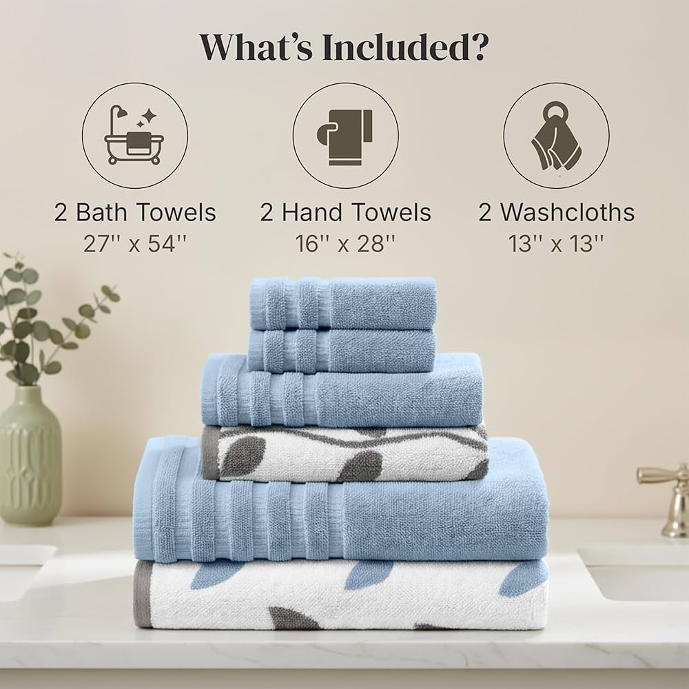 Modern Threads Organic Vines 6-Piece 100% Cotton Towel Set – Yarn Dyed Jacquard & Solid – Includes 2 Bath Towels, 2 Hand Towels, 2 Washcloths – Absorbent, Quick Dry, Soft & Durable – Blue