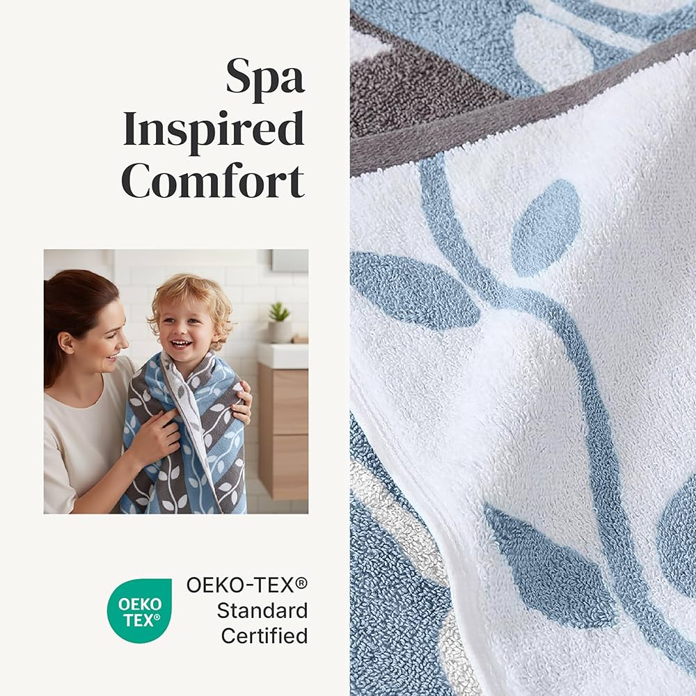 Modern Threads Organic Vines 6-Piece 100% Cotton Towel Set – Yarn Dyed Jacquard & Solid – Includes 2 Bath Towels, 2 Hand Towels, 2 Washcloths – Absorbent, Quick Dry, Soft & Durable – Blue