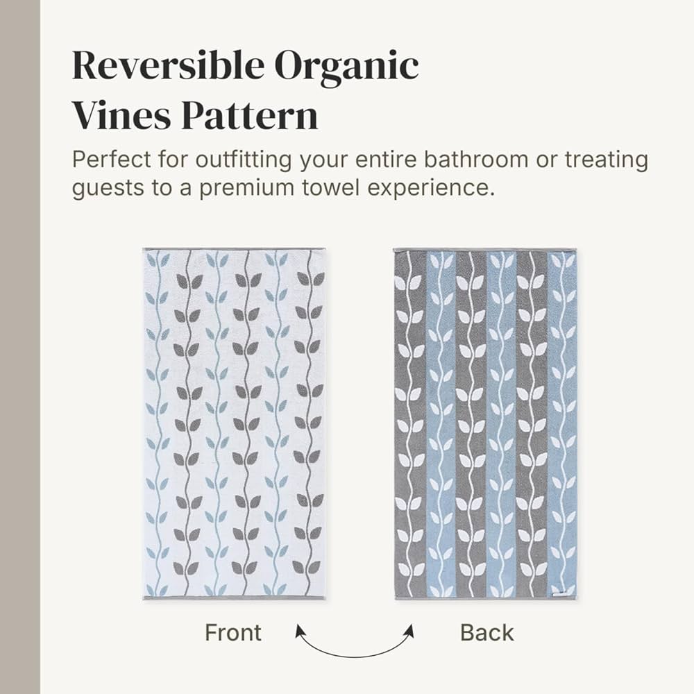 Modern Threads Organic Vines 6-Piece 100% Cotton Towel Set – Yarn Dyed Jacquard & Solid – Includes 2 Bath Towels, 2 Hand Towels, 2 Washcloths – Absorbent, Quick Dry, Soft & Durable – Blue
