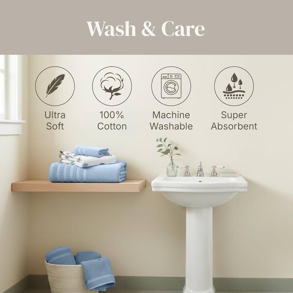 Modern Threads Organic Vines 6-Piece 100% Cotton Towel Set – Yarn Dyed Jacquard & Solid – Includes 2 Bath Towels, 2 Hand Towels, 2 Washcloths – Absorbent, Quick Dry, Soft & Durable – Blue