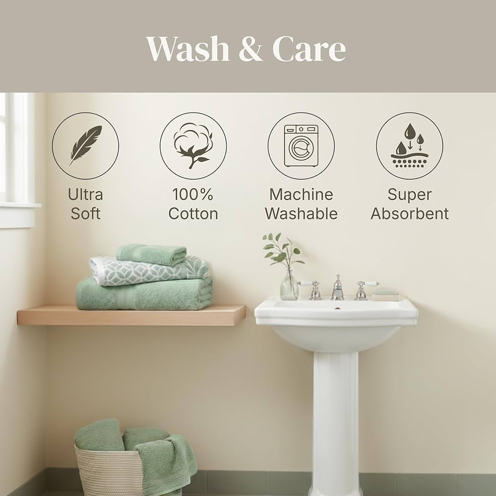 Modern Threads Trefoil Filigree 6-Piece 100% Cotton Towel Set – Reversible Yarn Dyed Jacquard – Includes 2 Bath Towels, 2 Hand Towels, 2 Washcloths – Absorbent, Quick Dry, Soft & Durable – Sage Green