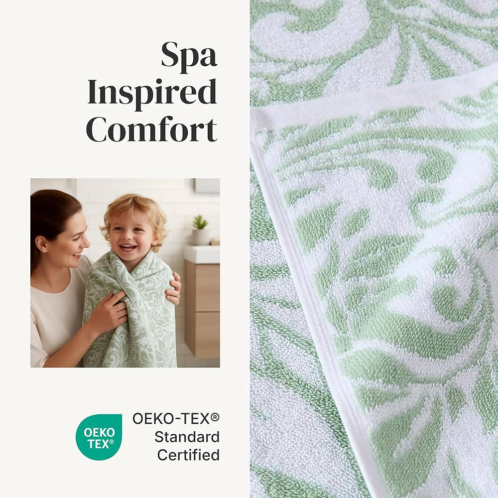 Modern Threads Trefoil Filigree 6-Piece 100% Cotton Towel Set – Reversible Yarn Dyed Jacquard – Includes 2 Bath Towels, 2 Hand Towels, 2 Washcloths – Absorbent, Quick Dry, Soft & Durable – Sage Green