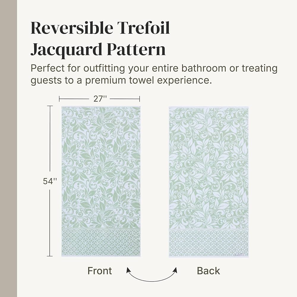 Modern Threads Trefoil Filigree 6-Piece 100% Cotton Towel Set – Reversible Yarn Dyed Jacquard – Includes 2 Bath Towels, 2 Hand Towels, 2 Washcloths – Absorbent, Quick Dry, Soft & Durable – Sage Green