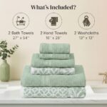 Modern Threads Trefoil Filigree 6-Piece 100% Cotton Towel Set – Reversible Yarn Dyed Jacquard – Includes 2 Bath Towels, 2 Hand Towels, 2 Washcloths – Absorbent, Quick Dry, Soft & Durable – Sage Green