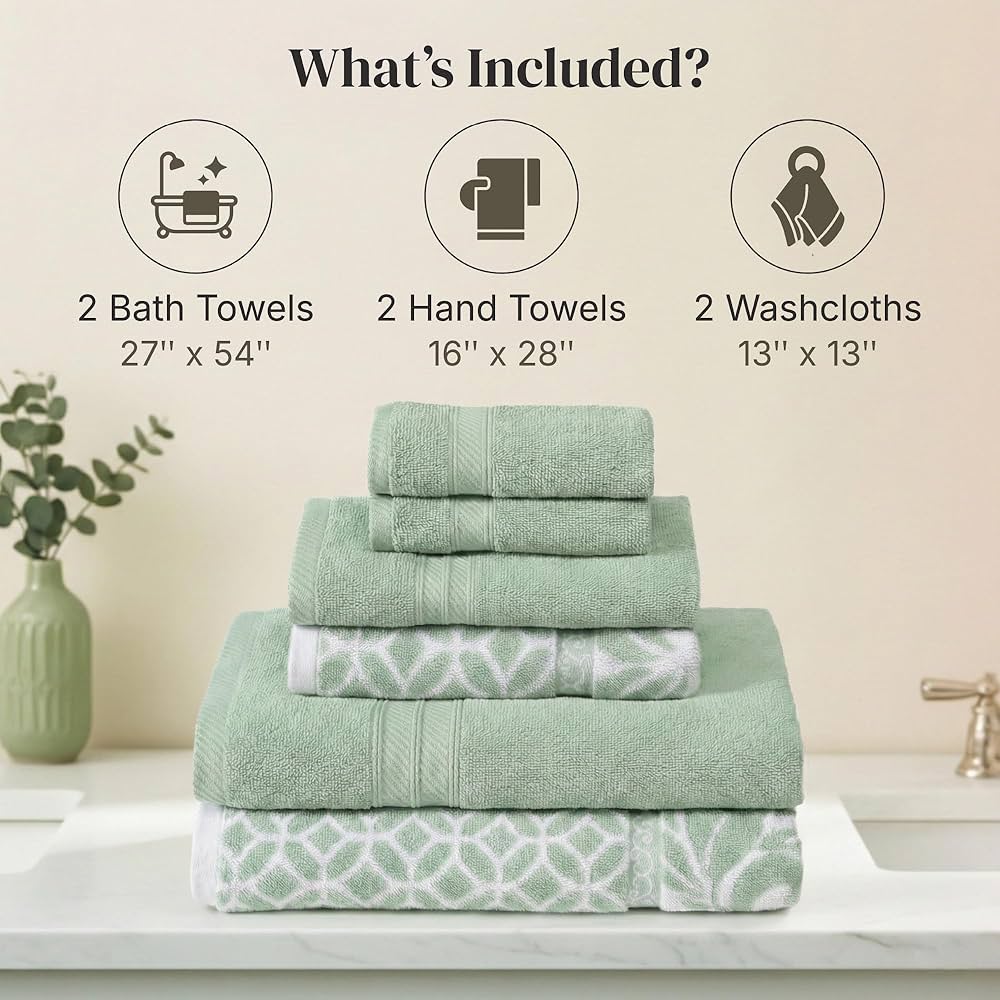 Modern Threads Trefoil Filigree 6-Piece 100% Cotton Towel Set – Reversible Yarn Dyed Jacquard – Includes 2 Bath Towels, 2 Hand Towels, 2 Washcloths – Absorbent, Quick Dry, Soft & Durable – Sage Green