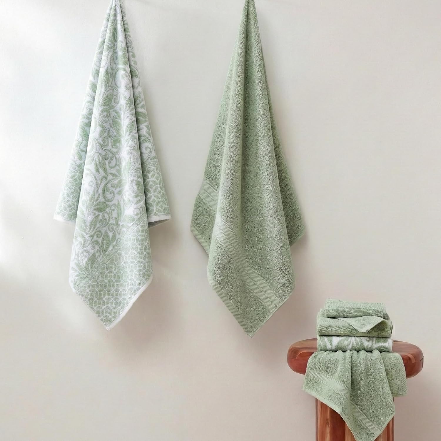 Modern Threads Trefoil Filigree 6-Piece 100% Cotton Towel Set – Reversible Yarn Dyed Jacquard – Includes 2 Bath Towels, 2 Hand Towels, 2 Washcloths – Absorbent, Quick Dry, Soft & Durable – Sage Green