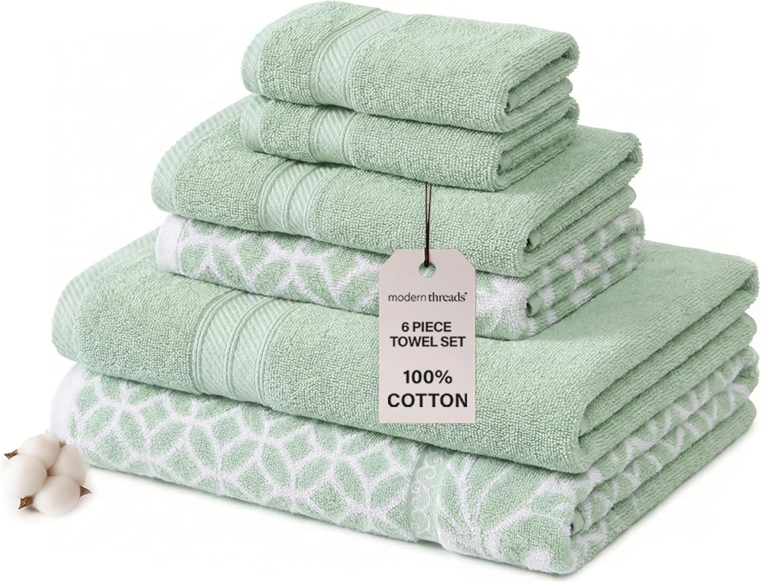Modern Threads Trefoil Filigree 6-Piece 100% Cotton Towel Set – Reversible Yarn Dyed Jacquard – Includes 2 Bath Towels, 2 Hand Towels, 2 Washcloths – Absorbent, Quick Dry, Soft & Durable – Sage Green