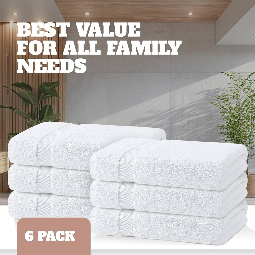 Wealuxe White Bath Towels 24×50 Inch, 6 Pack – Extra Absorbent Cotton Towel Set for Bathroom