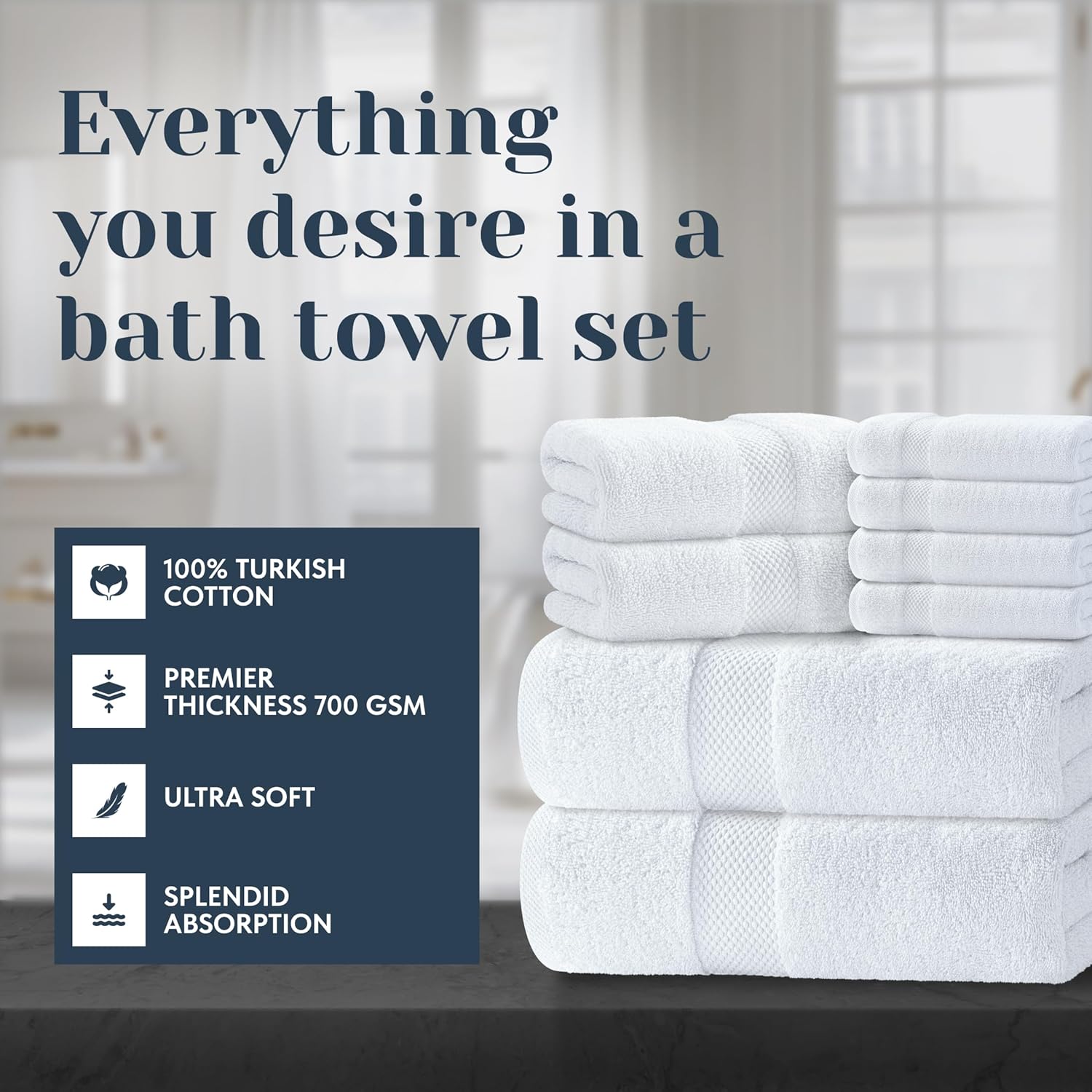 Luxury White Bath Towel Set of 8 Pieces – 100% Turkish Cotton 700 GSM Highly Absorbent Towels for Bathroom, 2 Bath Towels, 2 Hand Towels, 4 Washcloths
