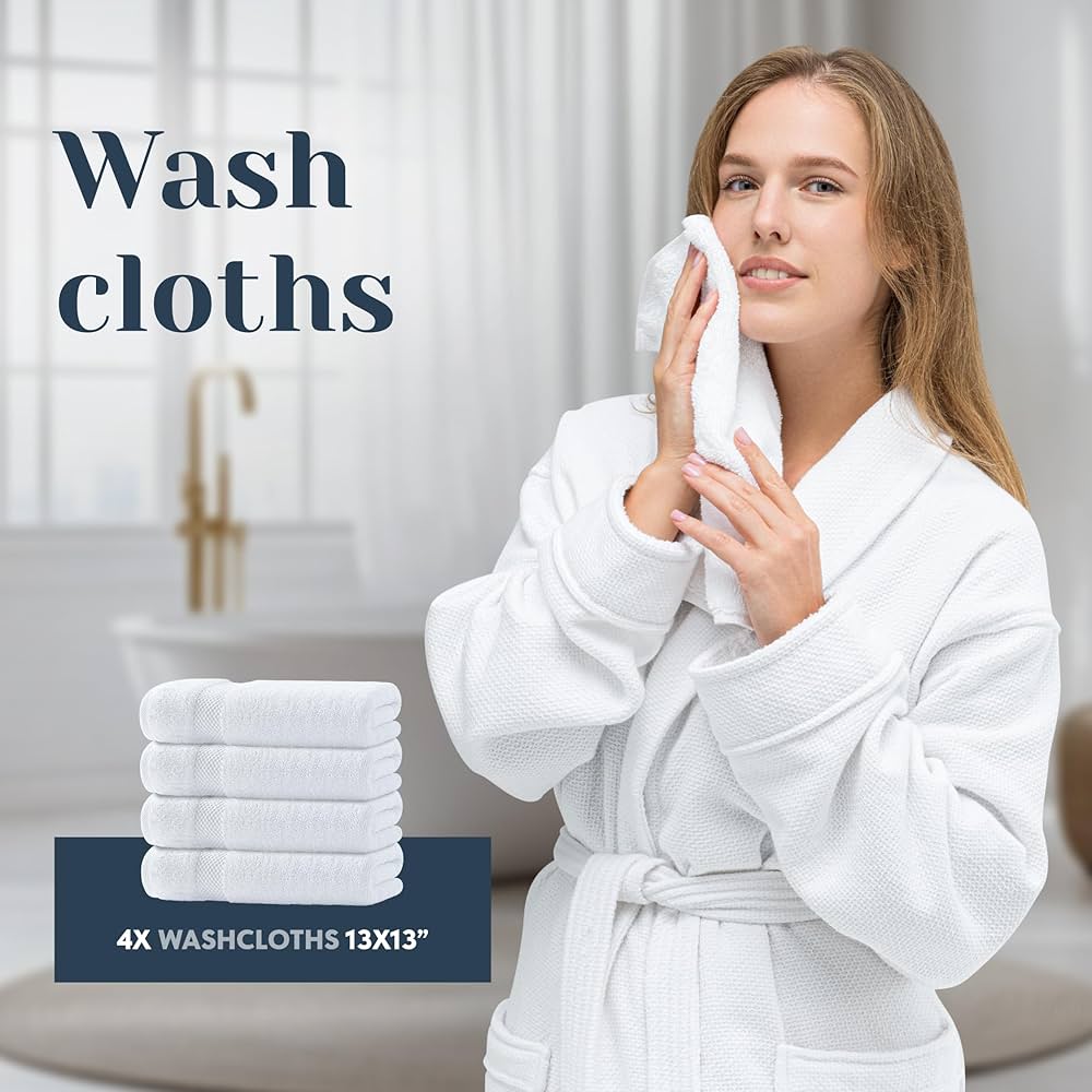 Luxury White Bath Towel Set of 8 Pieces – 100% Turkish Cotton 700 GSM Highly Absorbent Towels for Bathroom, 2 Bath Towels, 2 Hand Towels, 4 Washcloths