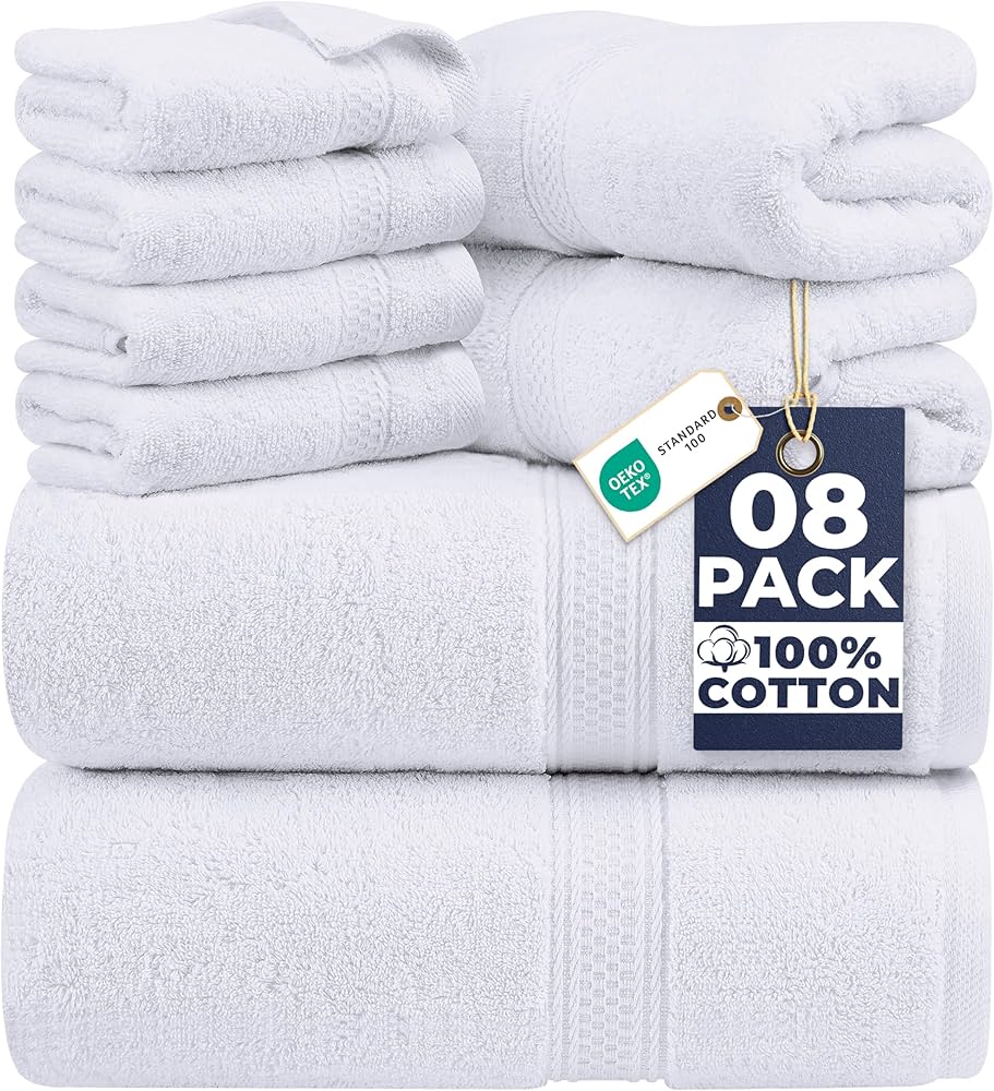 Utopia Towels 8 Piece Luxury Towel Set – Majestic Plush, Super Absorbent & Quicker-to-Dry, Thick 100% Ring Spun Cotton Towels for Bathroom, Spa & Hotel – 2 Bath, 2 Hand, 4 Washcloths, White