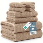 Casa Platino 100% Luxury Cotton Bathroom Towel Set 8 Pcs – Super Soft & Highly Absorbent – 2 Bath, 4 Washcloths, 2 Hand Towels for Bathroom – Oeko TEX Certified, Fade Resistant, Luxury Look – Beige