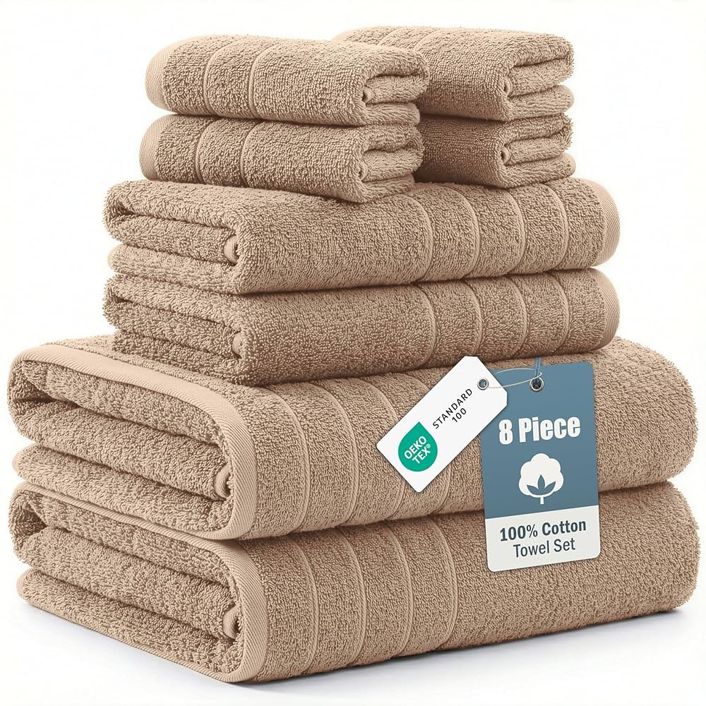 Casa Platino 100% Luxury Cotton Bathroom Towel Set 8 Pcs – Super Soft & Highly Absorbent – 2 Bath, 4 Washcloths, 2 Hand Towels for Bathroom – Oeko TEX Certified, Fade Resistant, Luxury Look – Beige