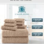 Casa Platino 100% Luxury Cotton Bathroom Towel Set 8 Pcs – Super Soft & Highly Absorbent – 2 Bath, 4 Washcloths, 2 Hand Towels for Bathroom – Oeko TEX Certified, Fade Resistant, Luxury Look – Beige