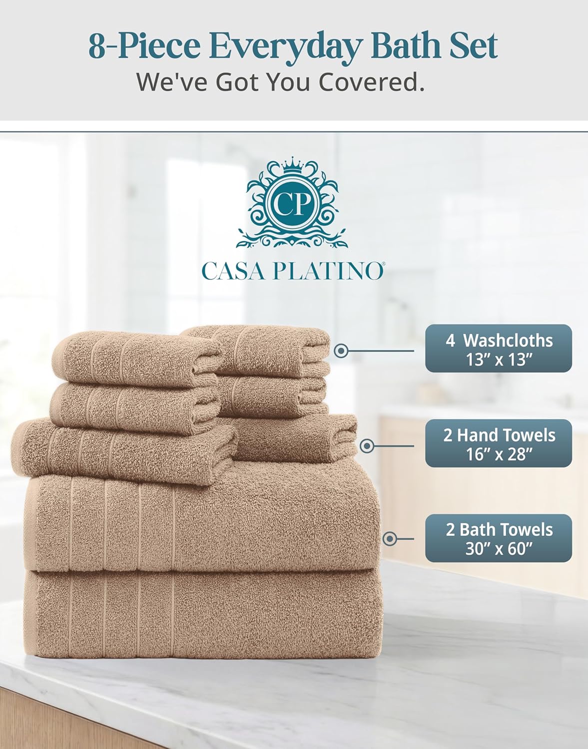 Casa Platino 100% Luxury Cotton Bathroom Towel Set 8 Pcs – Super Soft & Highly Absorbent – 2 Bath, 4 Washcloths, 2 Hand Towels for Bathroom – Oeko TEX Certified, Fade Resistant, Luxury Look – Beige