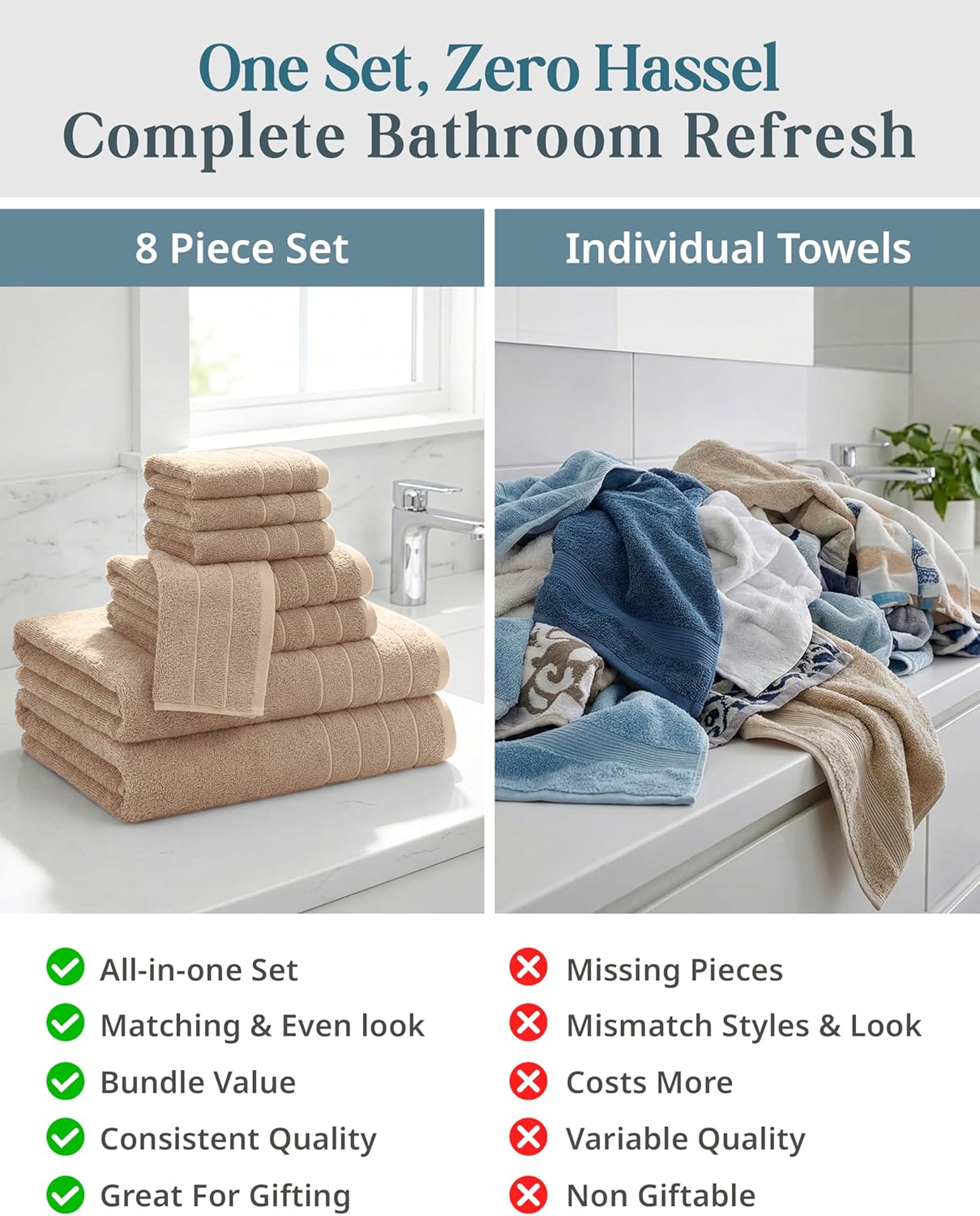 Casa Platino 100% Luxury Cotton Bathroom Towel Set 8 Pcs – Super Soft & Highly Absorbent – 2 Bath, 4 Washcloths, 2 Hand Towels for Bathroom – Oeko TEX Certified, Fade Resistant, Luxury Look – Beige